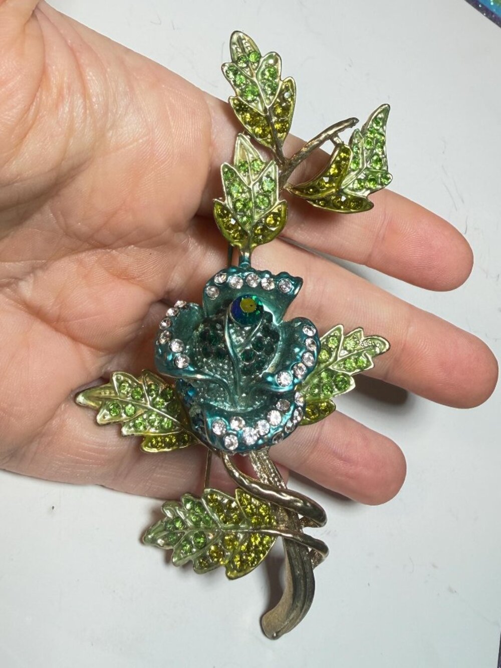 Blue Green Flower Brooch Rhinestone Floral Vine Statement Pin 4.1 inches